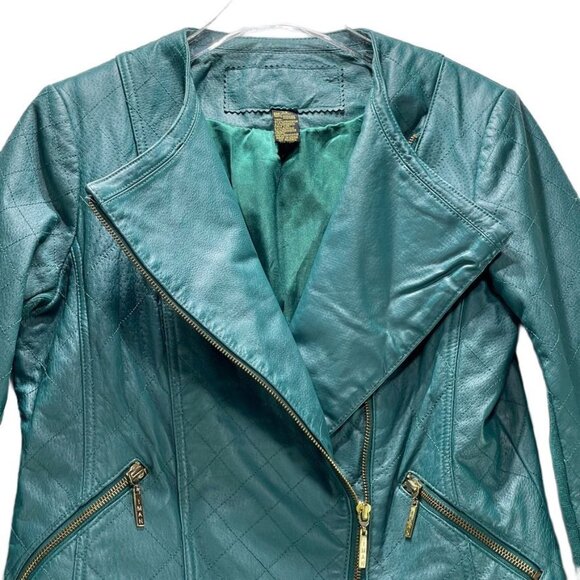 Iman Teal Leather Asymmetrical Moto Jacket XS Zipper Pockets Womens Size Small - Picture 9 of 13